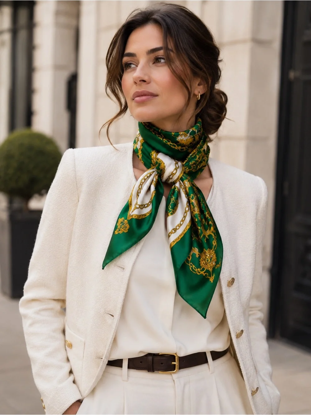 Fabergé 100% Silk Scarf 32” Green Gold Baroque Chain Print Hand Sewn